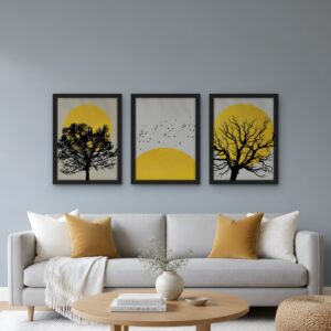 Golden Sun & Trees — Set of 3 Framed Prints — framed wall art set in a room