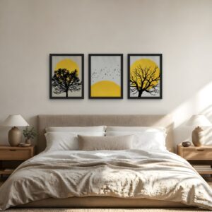 Golden Sun & Trees — Set of 3 Framed Prints — room view 2