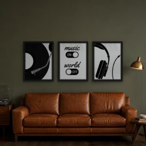 Music On, World Off — Set of 3 Framed Prints — framed wall art set in a room