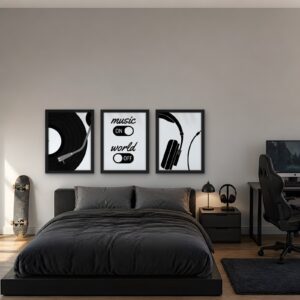 Music On, World Off — Set of 3 Framed Prints — room view 2
