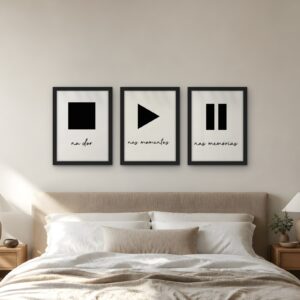 Play · Pause · Stop — Set of 3 Framed Prints — framed wall art set in a room
