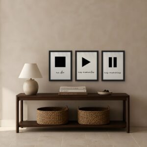 Play · Pause · Stop — Set of 3 Framed Prints — room view 2