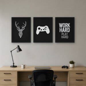 Work Hard, Play Hard — Set of 3 Framed Prints — framed wall art set in a room